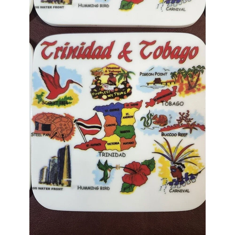 Trinidad & Tobago souvenir coasters featuring a colorful illustrated map,...